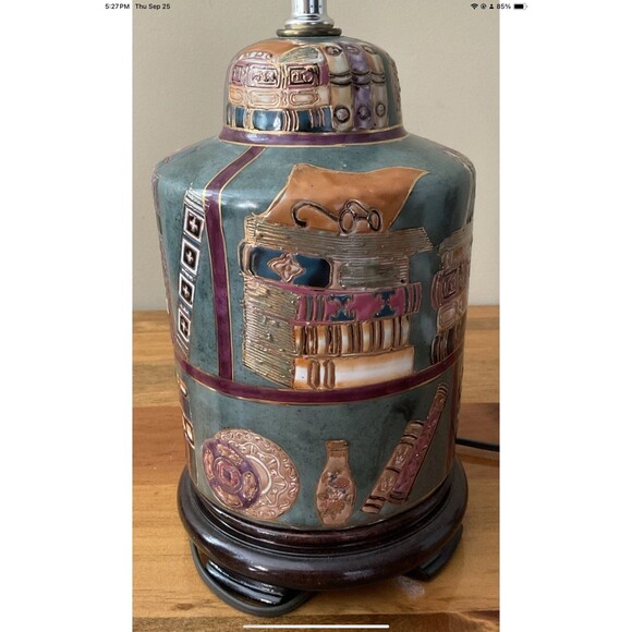 Library Book Desk Lamp Vintage Ornately Etched Ceramic, Wood Base **Tested 19”H - Picture 3 of 7